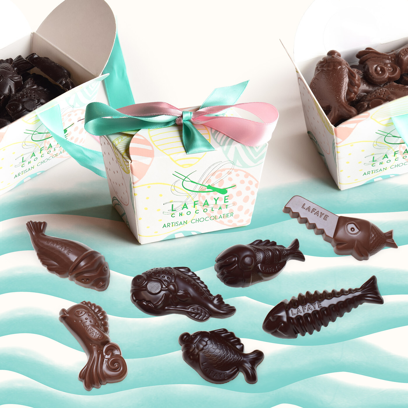 Les poissons en ballotin - chocolat noir et lait
