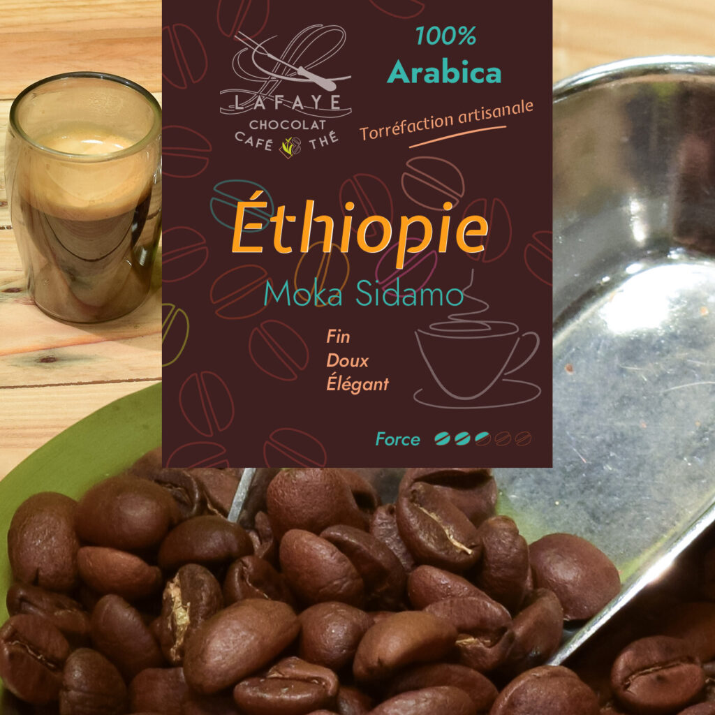 Café en grains d'Éthiopie Sidamo fraîchement torréfié par Lafaye chocolat torréfacteur à Périgueux.