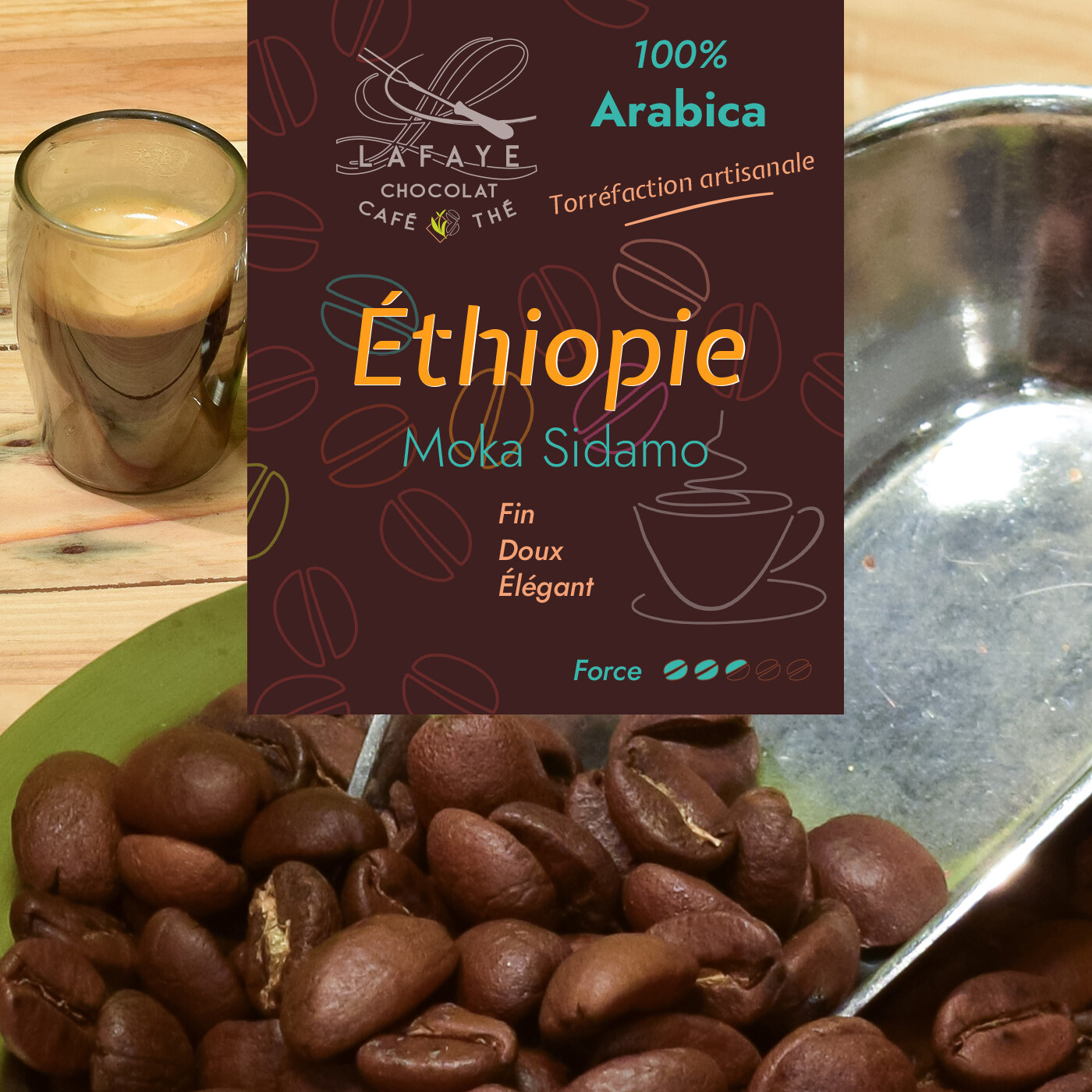 Café en grains d'Éthiopie Sidamo fraîchement torréfié par Lafaye chocolat torréfacteur à Périgueux.
