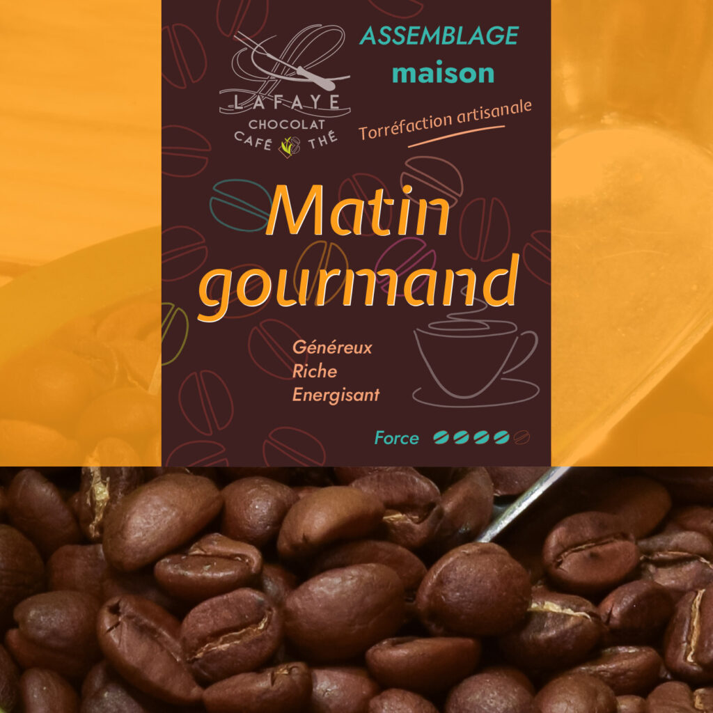 Café gourmand en grains fraîchement, assemblage Matin gourmand torréfié par Lafaye chocolat torréfacteur à Périgueux.