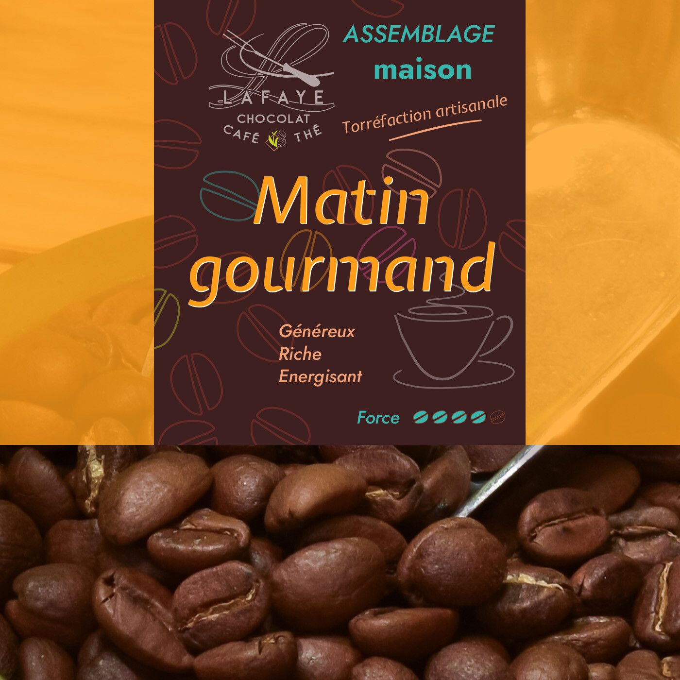 Café gourmand en grains fraîchement, assemblage Matin gourmand torréfié par Lafaye chocolat torréfacteur à Périgueux.