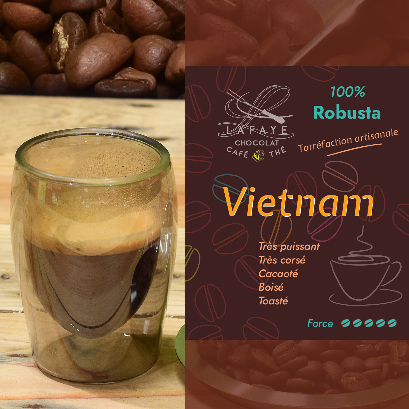 Café Robusta Vietnam en grains fraîchement torréfié par Lafaye chocolat torréfacteur à Périgueux.